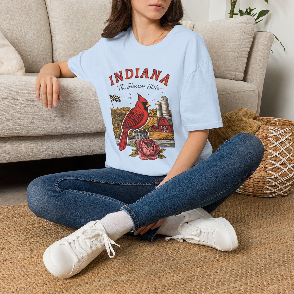 Indiana Cardinal Bird Farm Tee — Indiana The Hoosier State Graphic Travel Tourist Graphic Design Unisex 100 Cotton Gildan T-Shirt