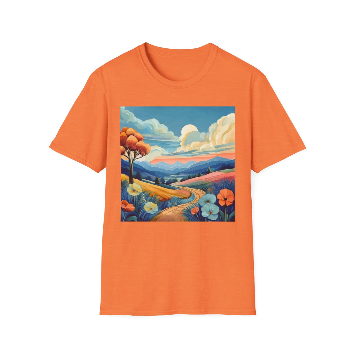 Colorful Mountain Landscape Graphic Posters, Post Stamps Design Unisex 100 Cotton Gildan T-Shirt