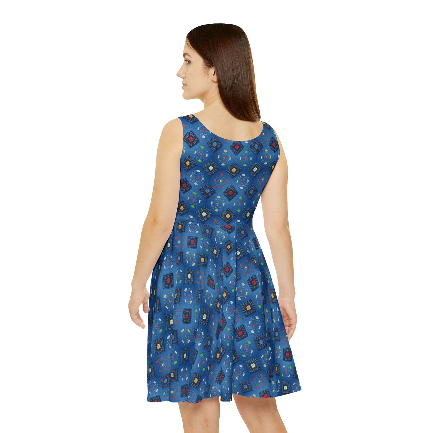 Women Diwali Denim Print Skater Dress, Denim Print Poly-Span Dress - 49
