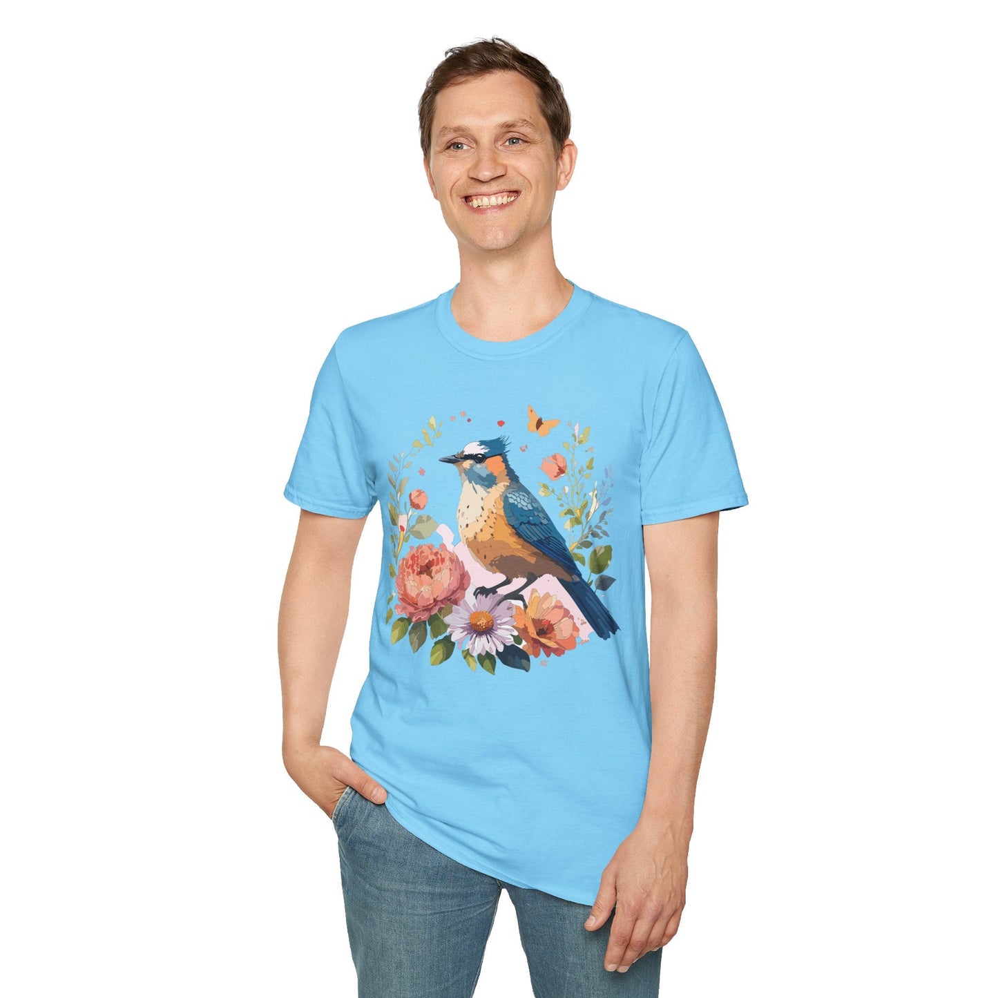 Floral Bird T Shirt Unisex Softstyle Gildan 64000 Tee 100 Percent Ring Spun Cotton