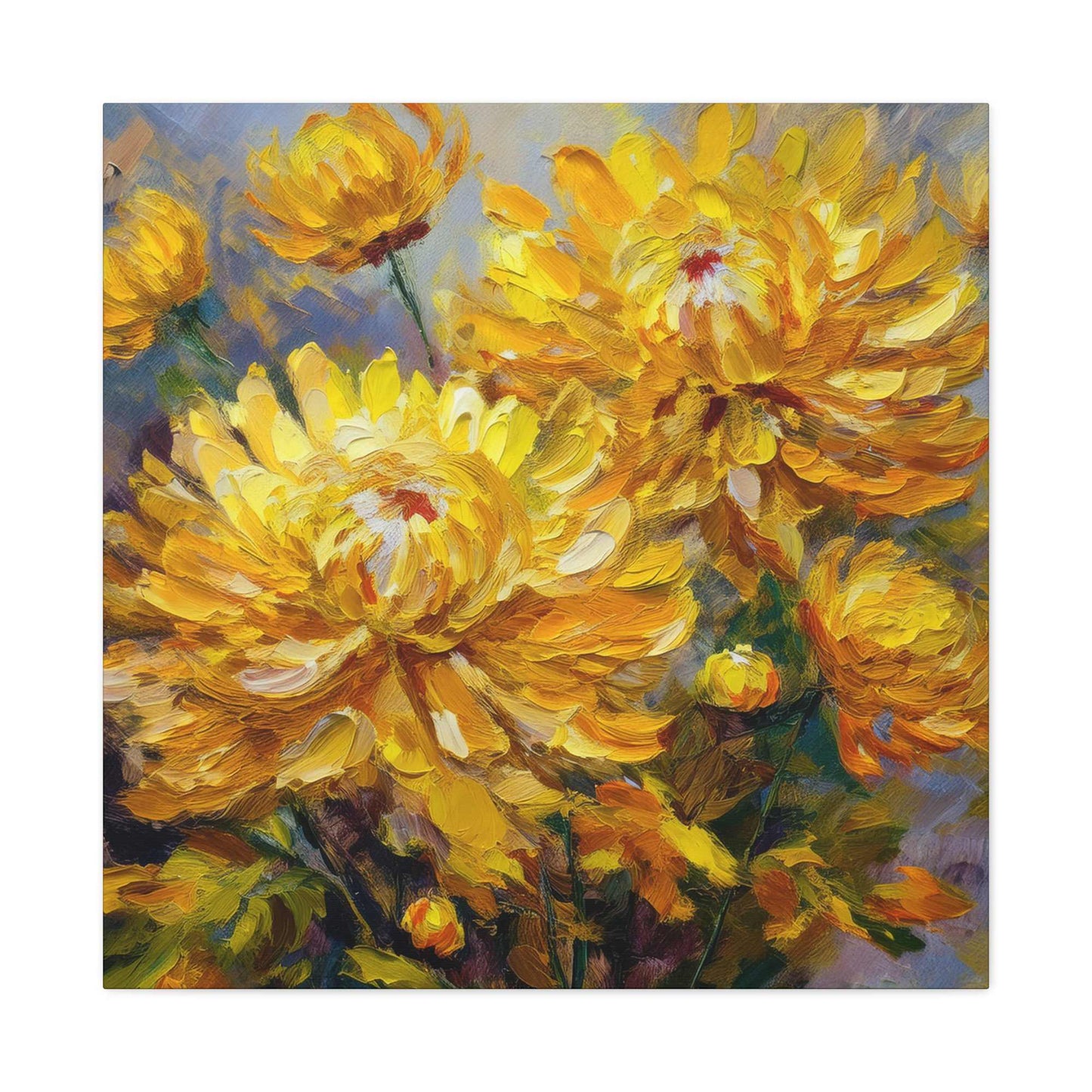 Chrysanthemums Print Canvas, Floral Oil Paint Print 20x20, 24x24, 30x30, 32x32, 36x36 Art Design Pine-Wood Inner Frame MC-164
