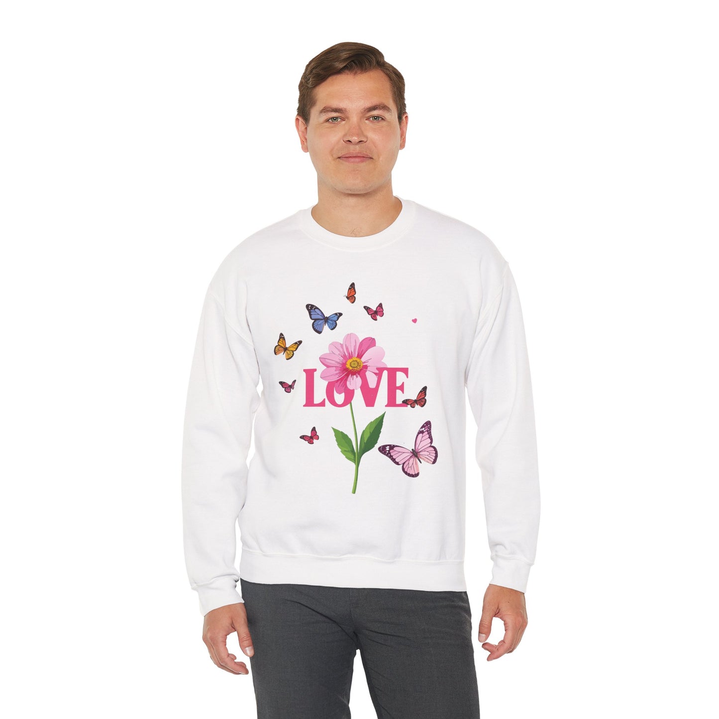 Unisex Floral Love Sweatshirt, Love Floral Sweatshirt, Floral Butterfly Sweatshirt, 50/50 Cotton-Poly Valentine's Day Sweatshirt 01