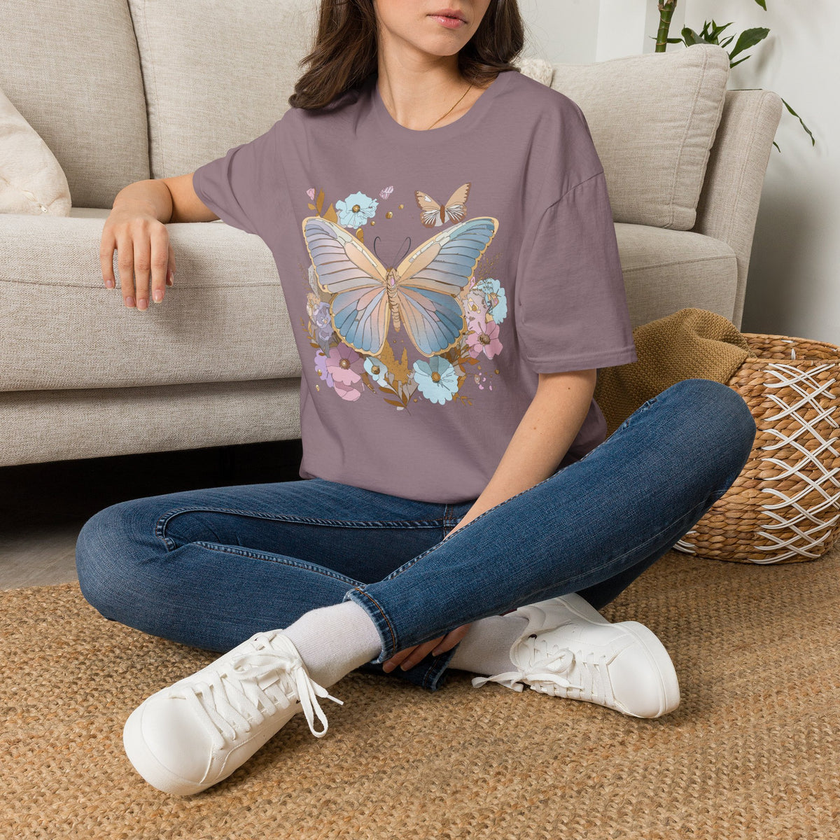 Butterfly Bloom T-Shirt — Pastel Floral Butterfly Graphic Design Unisex 100 Cotton Gildan T-Shirt