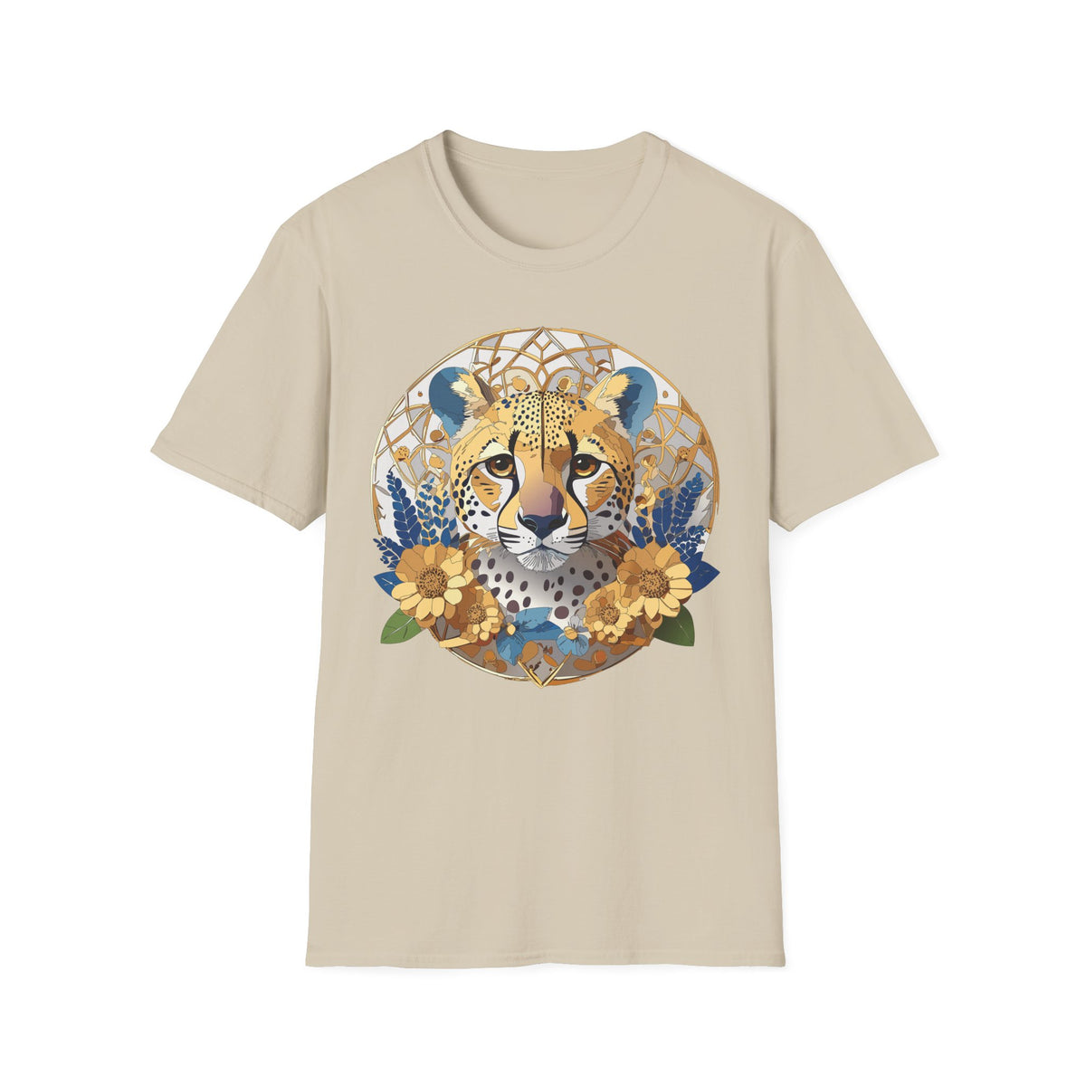 Golden Cheetah Mandala T-Shirt | Floral Boho Animal Illustration