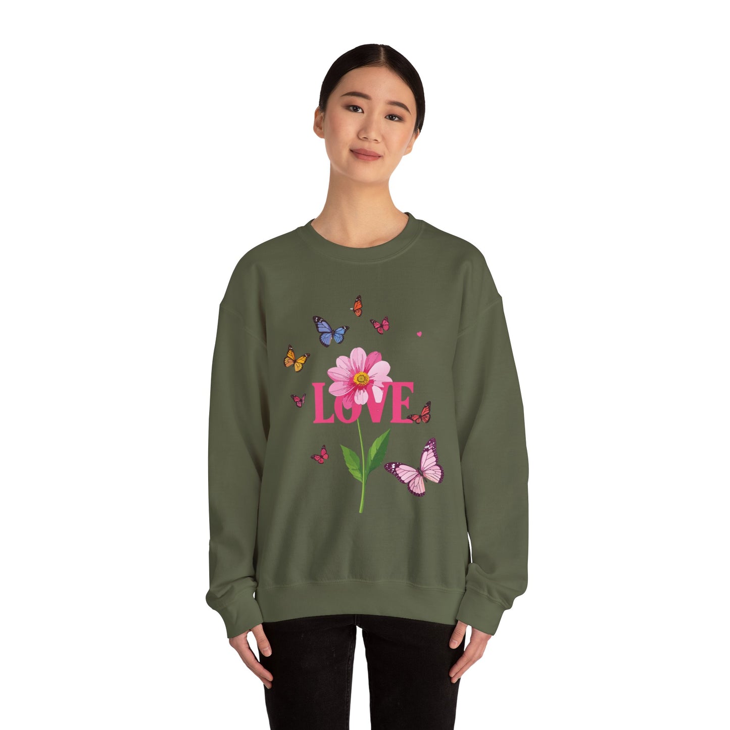 Unisex Floral Love Sweatshirt, Love Floral Sweatshirt, Floral Butterfly Sweatshirt, 50/50 Cotton-Poly Valentine's Day Sweatshirt 01