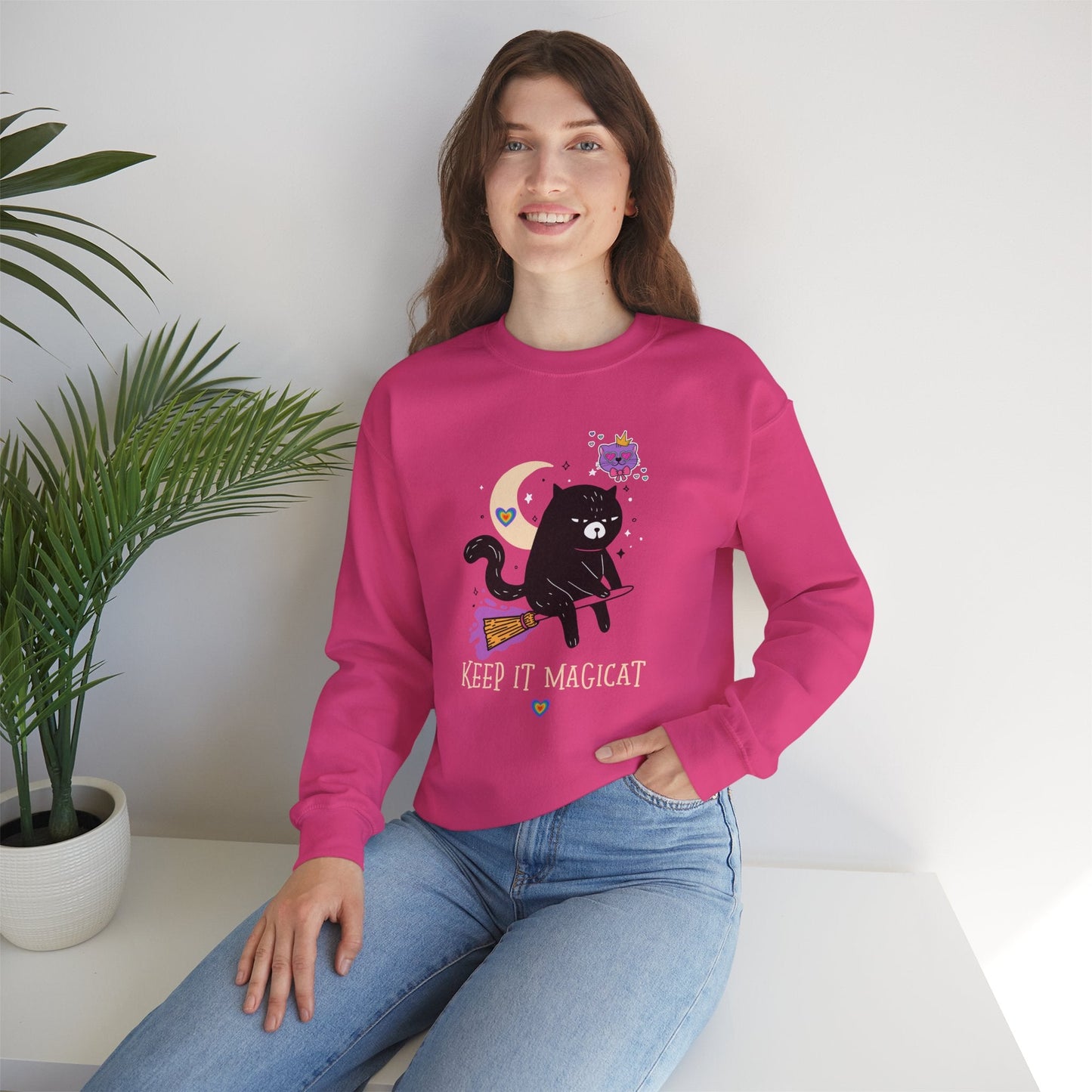 Flying Cat Heart Sweatshirt Unisex Fifty Fifty Cotton Poly Crewneck Gildan 18000 Valentines Day