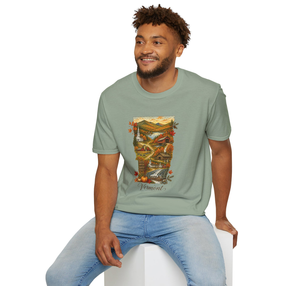 Vermont Fall Scenic T‑Shirt — Autumn Maple Leaves Landscape Travel Tourist Graphic Design Unisex 100 Cotton Gildan T-Shirt