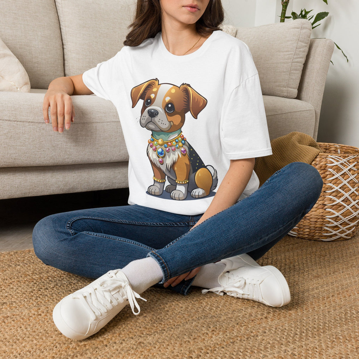 Cute Cartoon Puppy T-Shirt | Colorful Beaded Collar Dog Tee