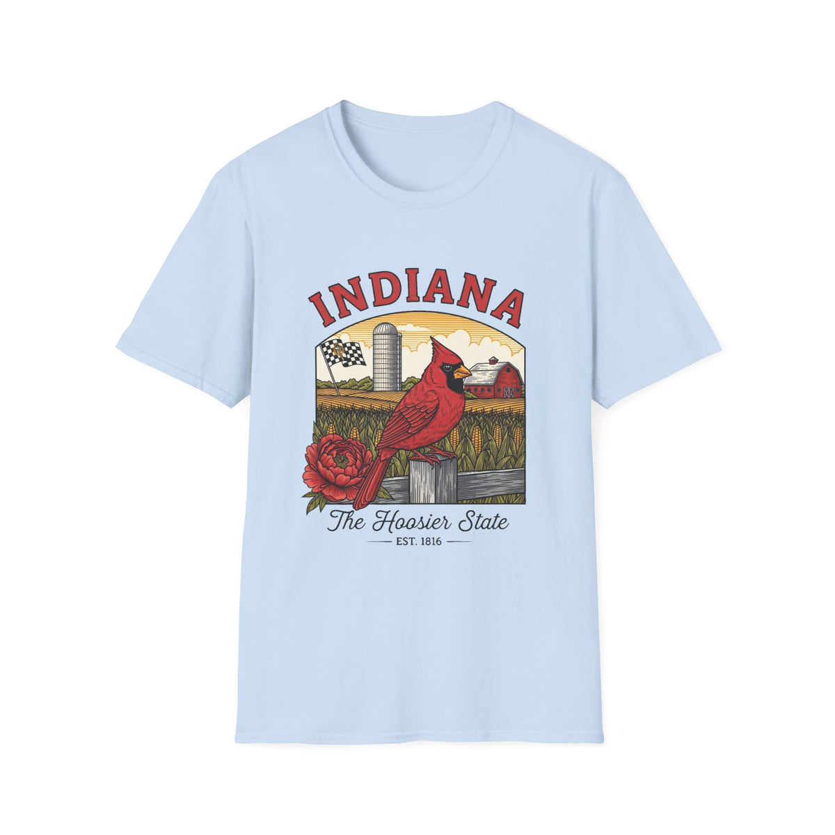 Indiana Cardinal Bird Tee — The Hoosier State Vintage Farm Design Travel Tourist Graphic Design Unisex 100 Cotton Gildan T-Shirt