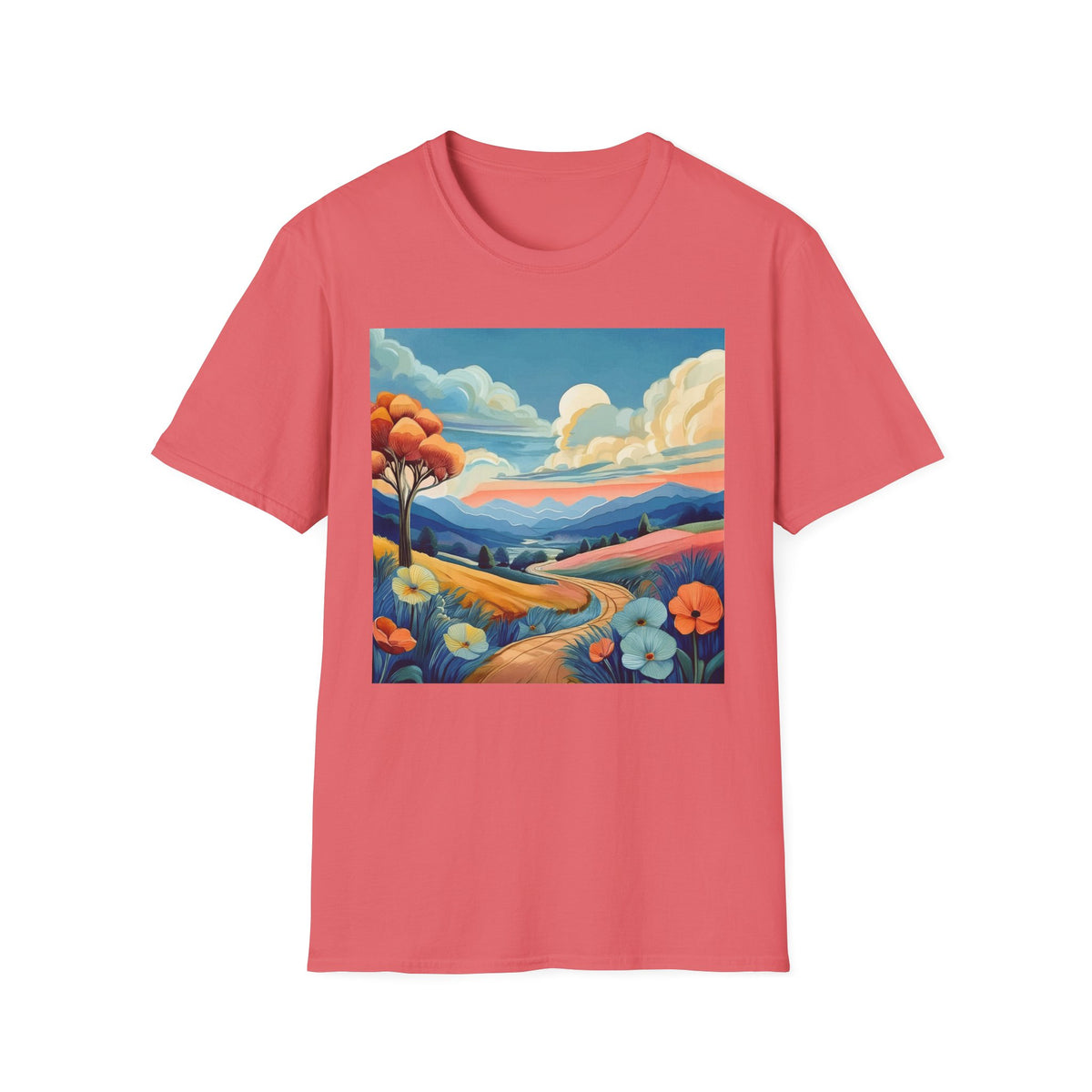 Colorful Mountain Landscape Graphic Posters, Post Stamps Design Unisex 100 Cotton Gildan T-Shirt