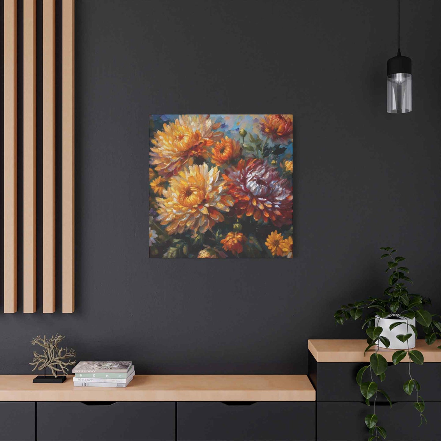 Chrysanthemums Print Canvas, Floral Oil Paint Print 20x20, 24x24, 30x30, 32x32, 36x36 Art Design Pine-Wood Inner Frame MC-157