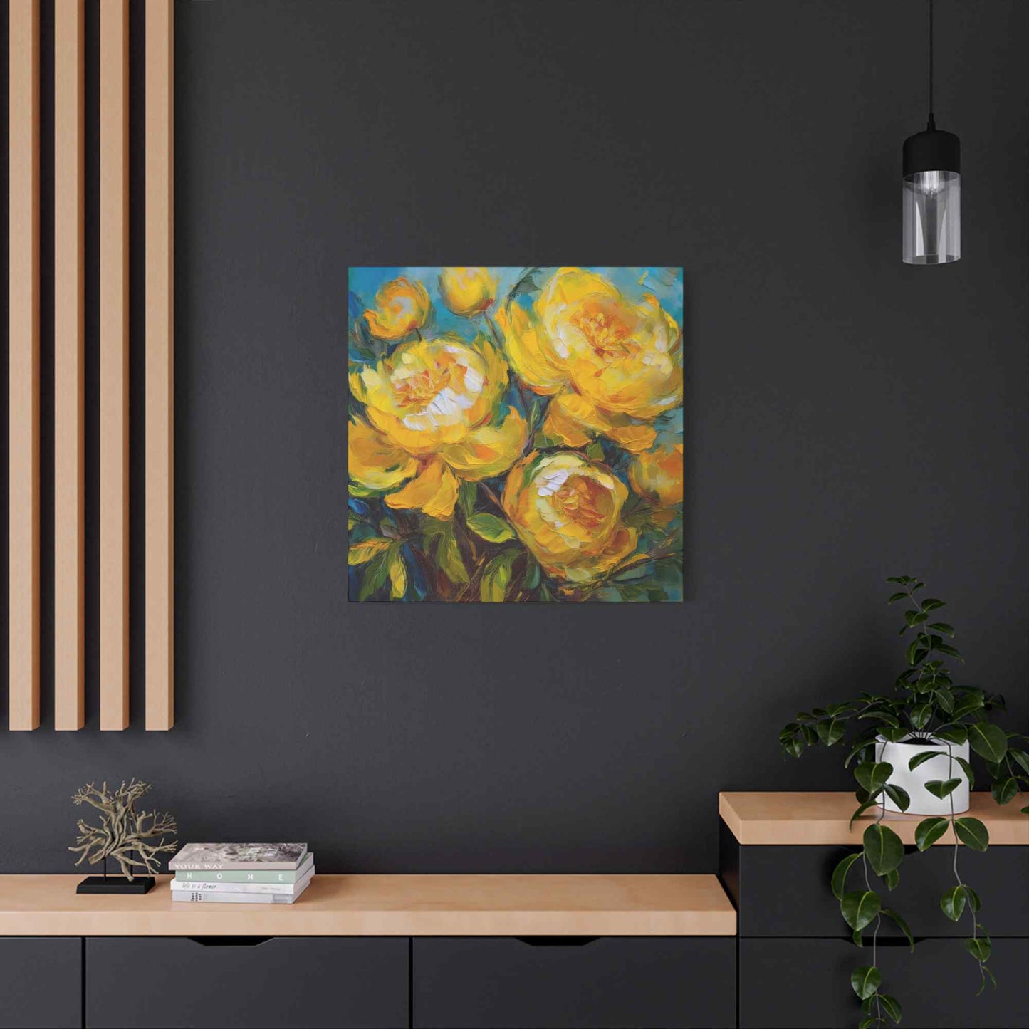 Yellow Peonies Print Canvas, Floral Oil Paint Print 20x20, 24x24, 30x30, 32x32, 36x36 Art Design Pine-Wood Inner Frame MC-120