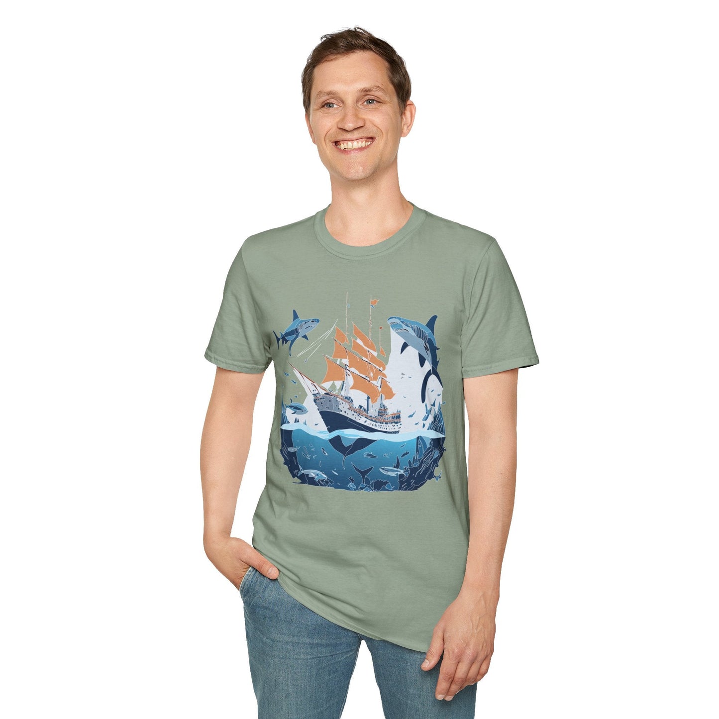 Ocean Tee Shirt Unisex Gildan Softstyle 64000 Ring Spun Cotton Art Print Graphic Ocean Design