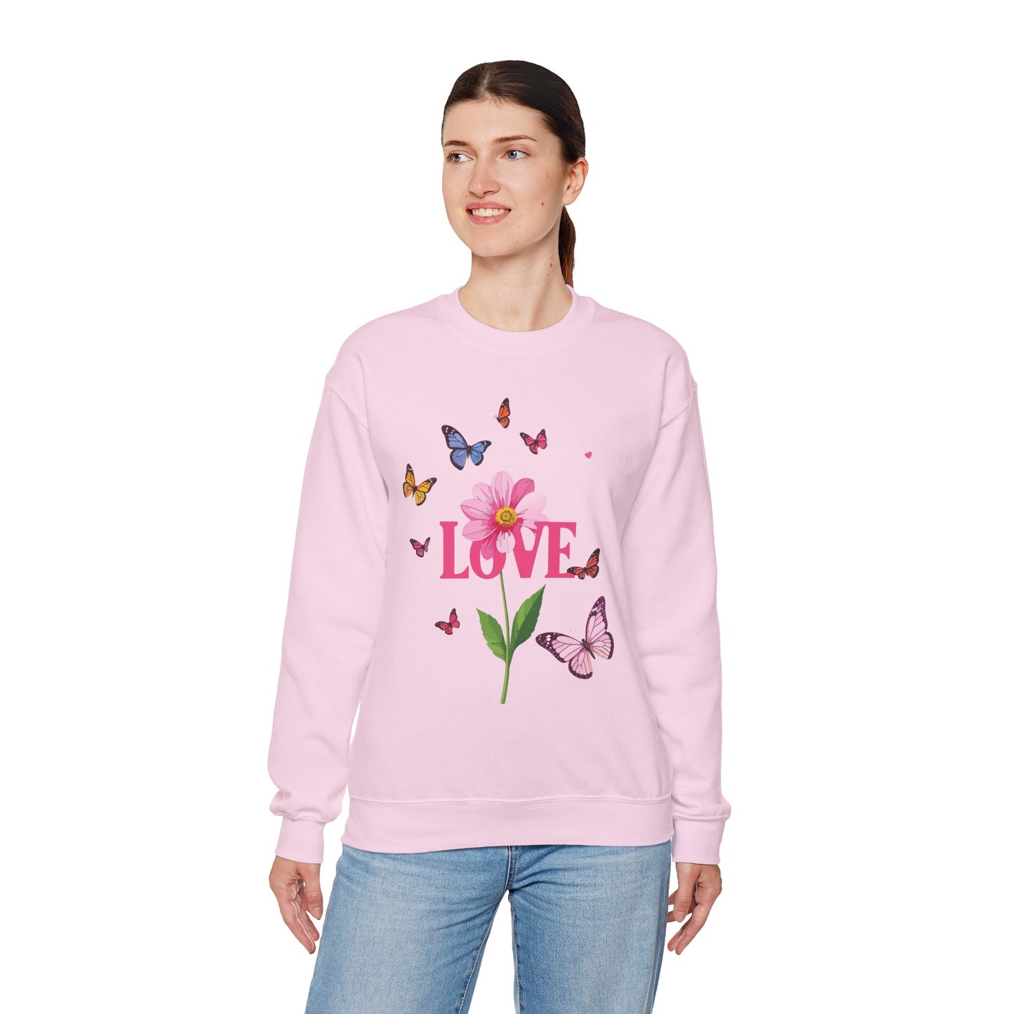 Unisex Floral Love Sweatshirt, Love Floral Sweatshirt, Floral Butterfly Sweatshirt, 50/50 Cotton-Poly Valentine's Day Sweatshirt 01