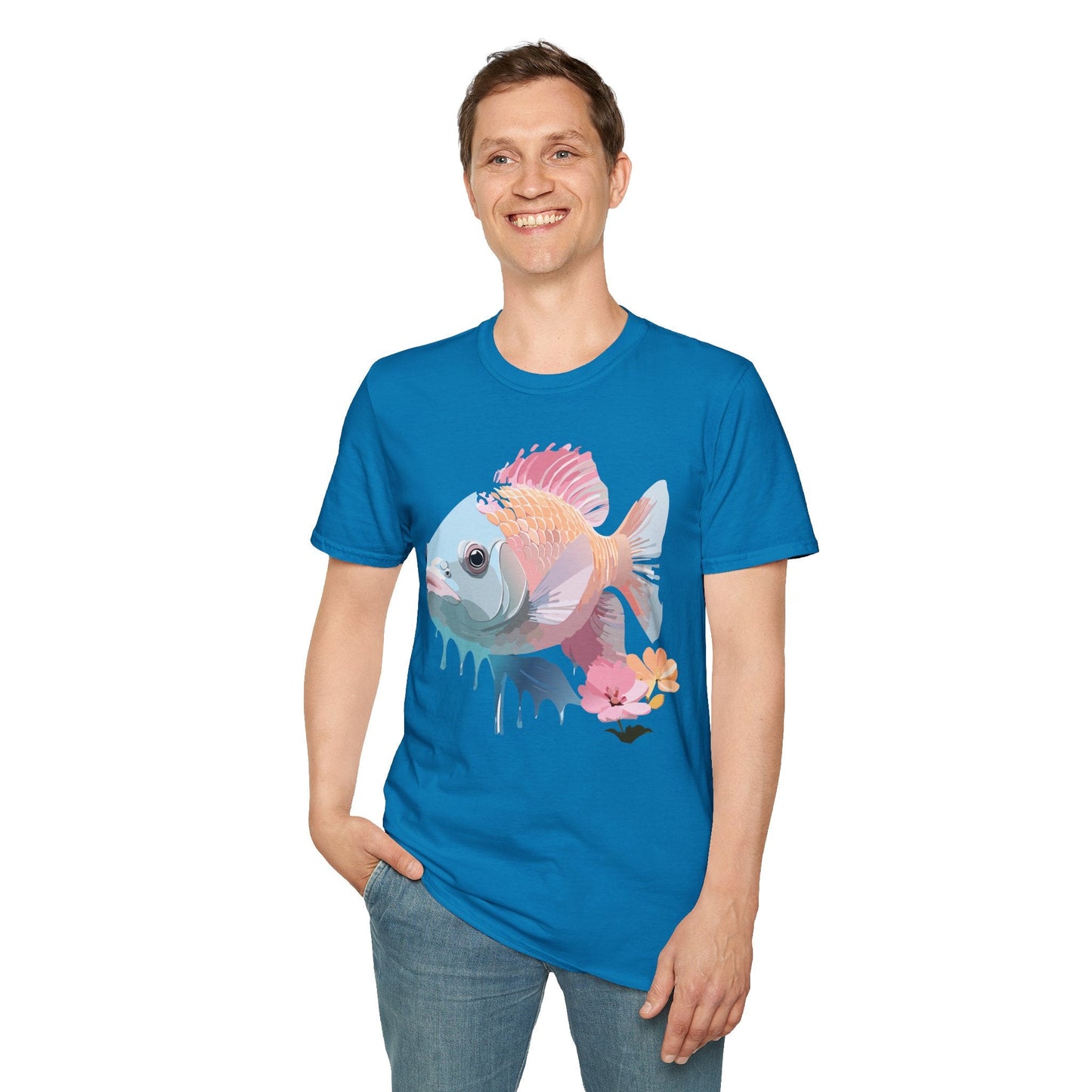 Fish Art Design Shirt Unisex Graphic Tee 100 Percent Ring Spun Cotton Softstyle Gildan 64000
