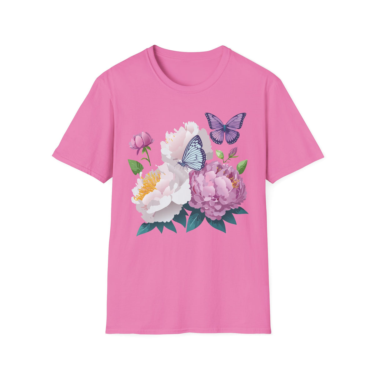 Floral Peonies & Butterflies T-Shirt — pastel garden tee for spring, Mother's Day Graphic Tee Unisex 100 Cotton Gildan T-Shirt