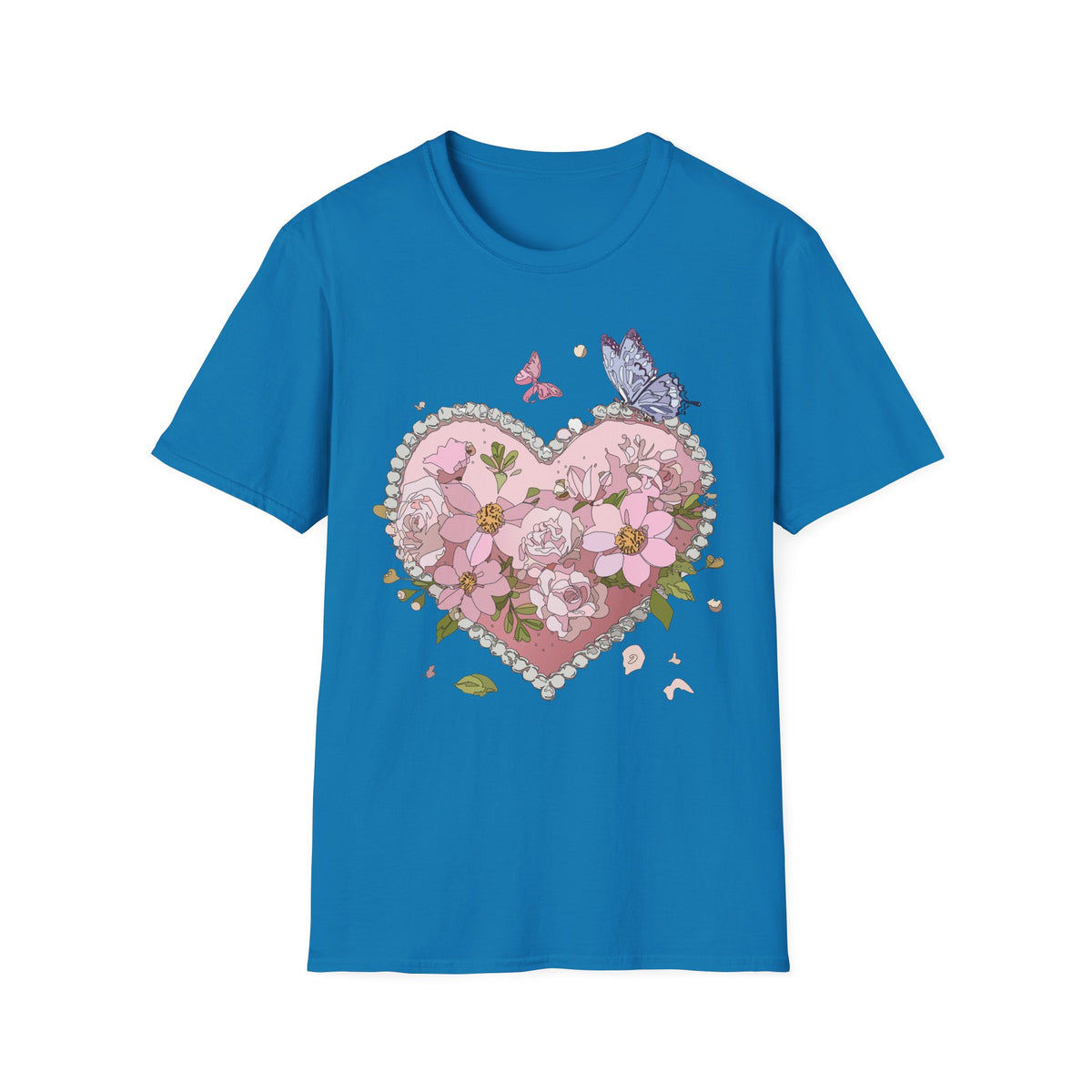 Floral Heart with Butterflies T-Shirt | Pink Flower Heart Graphic Tee Unisex 100 Cotton Gildan T-Shirt