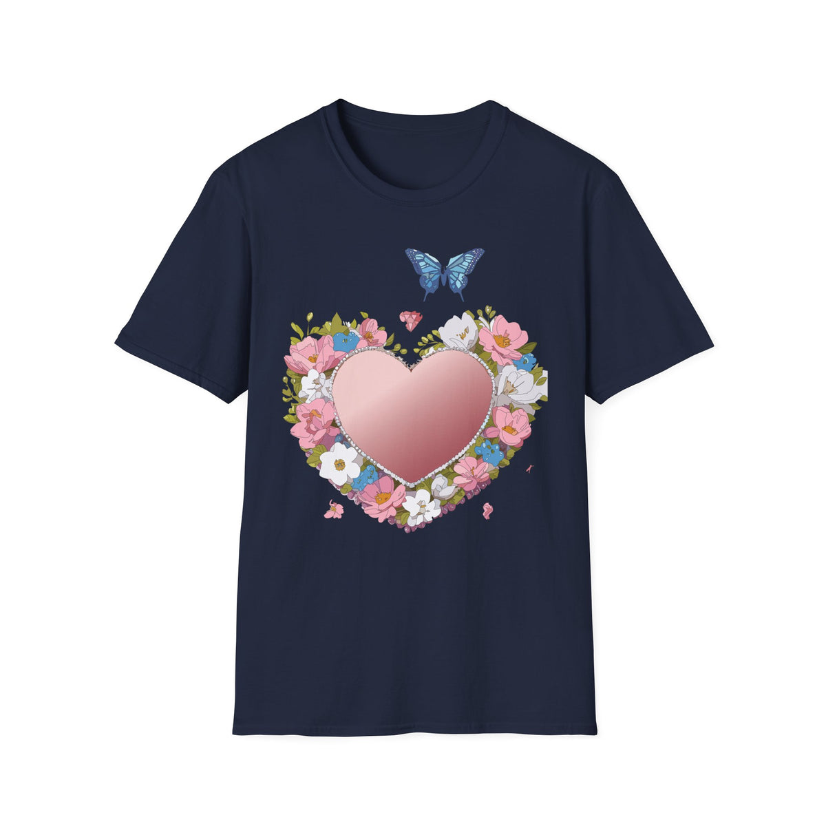 Floral Heart with Blue Butterfly T-Shirt | Pink Heart Floral Graphic Tee Unisex 100 Cotton Gildan T-Shirt