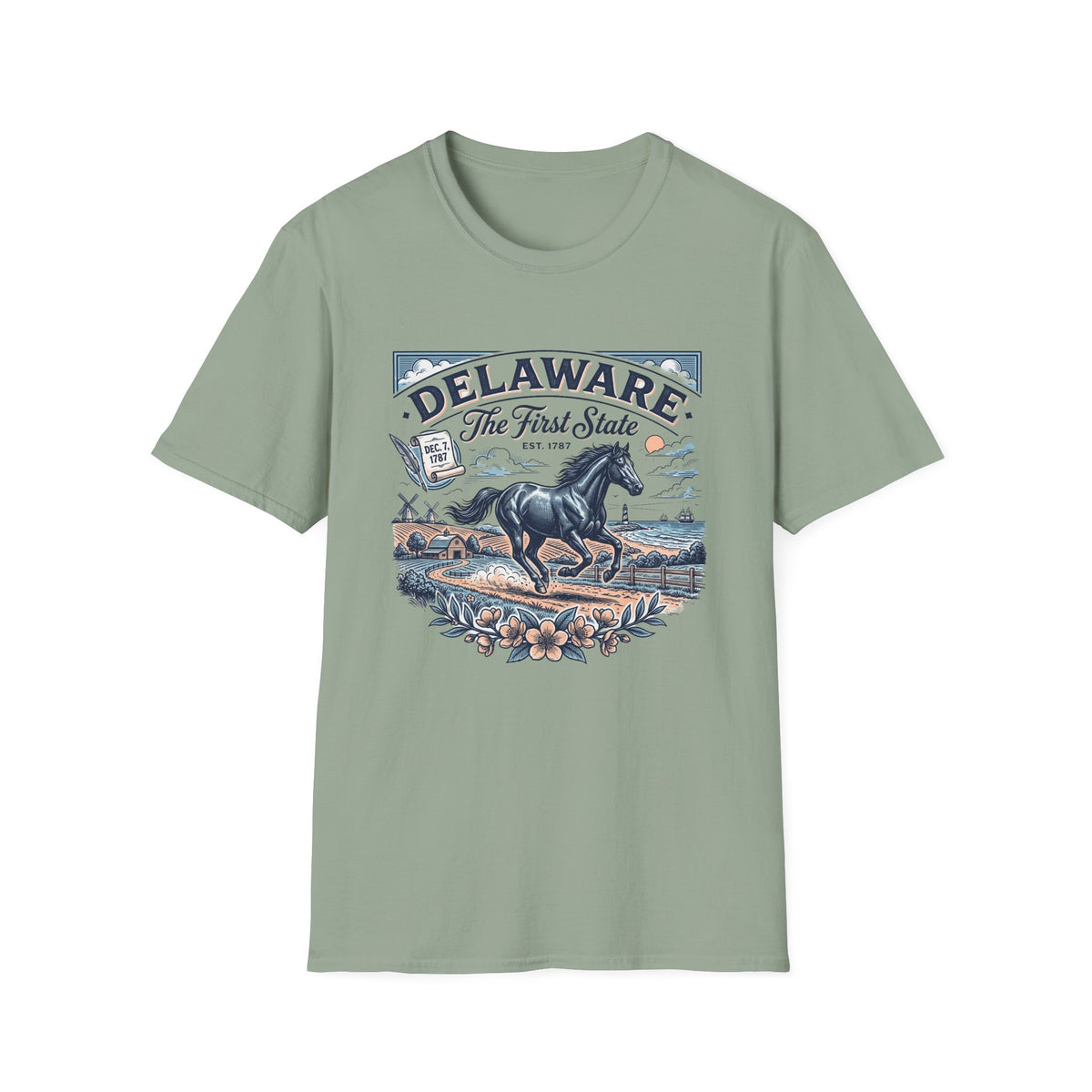 Delaware The First State Horse Travel Tourist Graphic Tee Unisex 100 Cotton Gildan T-Shirt