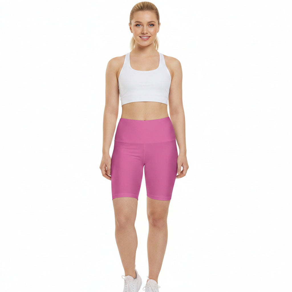 Sweet Peony Pink Women's Workout Shorts — Solid High-Waist Biker Shorts for Exercise & Everyday Wear