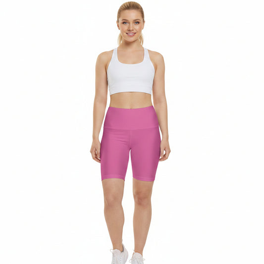 Sweet Peony Pink Women's Workout Shorts — Solid High-Waist Biker Shorts for Exercise & Everyday Wear