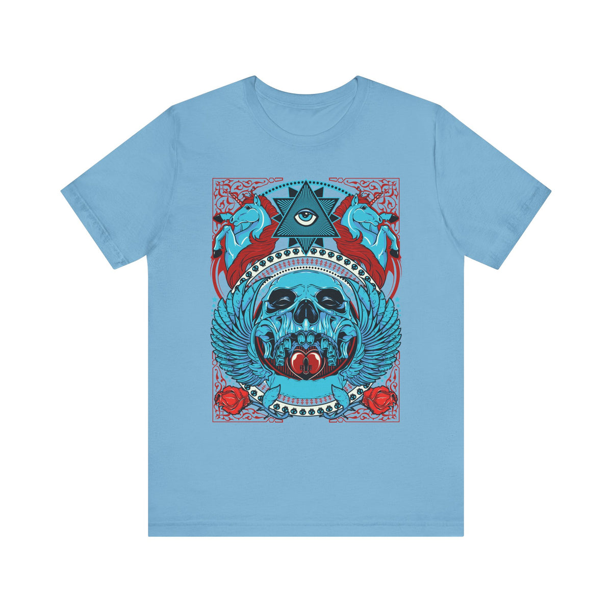 All-Seeing Skull Illustration Tee Winged Skull Third Eye Roses T-Shirt