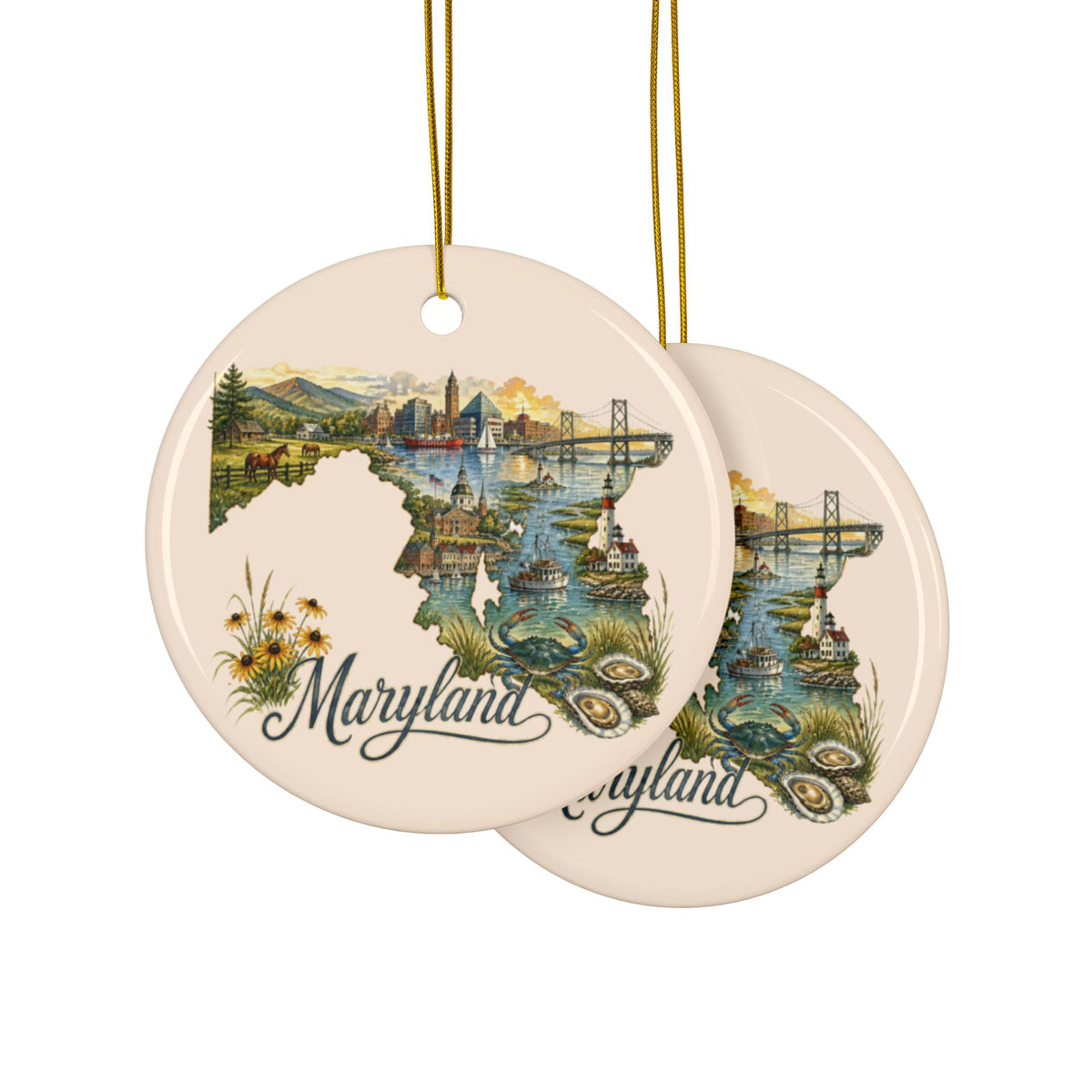 Maryland State Map Artwork Ornament | Ceramic Round Ornament - 2.99" Includes Gold String