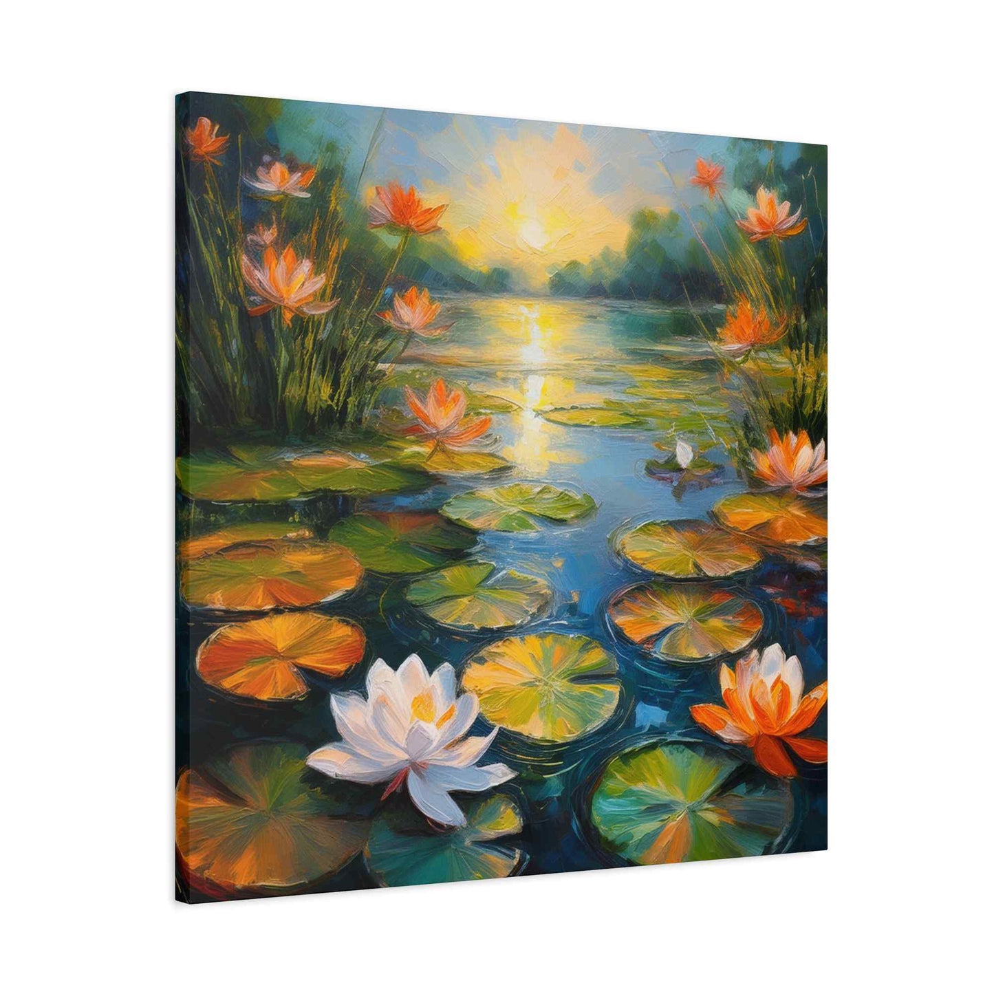 Water Lilies Print Canvas, Oil Paint Print 20x20, 24x24, 30x30, 32x32, 36x36 Art Design Print Pine-Wood Inner Frame MC-63