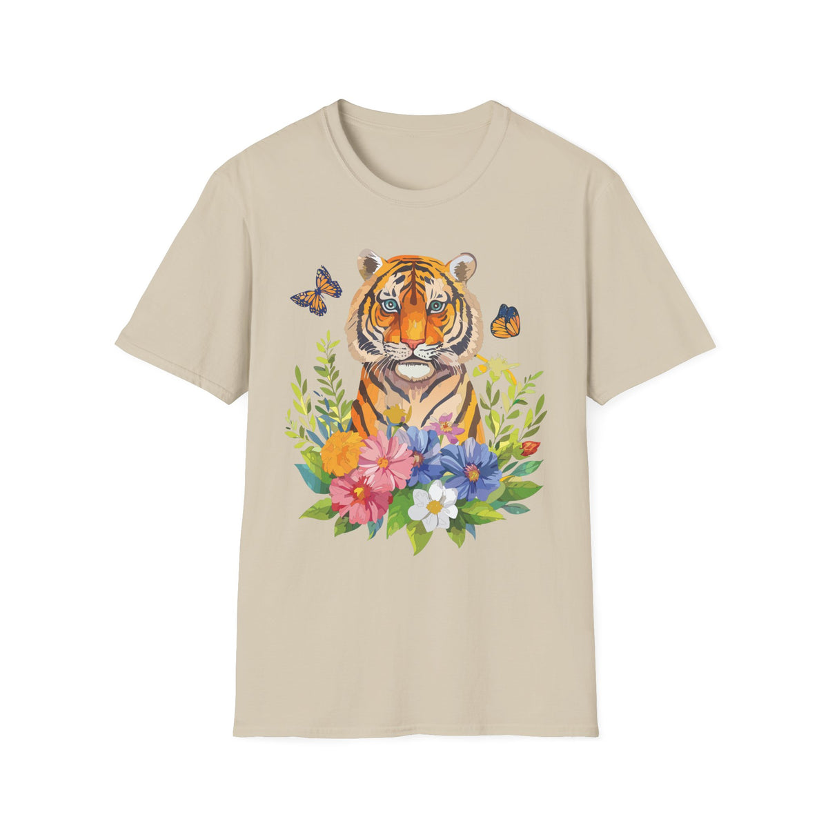 Tiger Portrait T-Shirt | Watercolor Tiger with Butterflies and Floral Accents