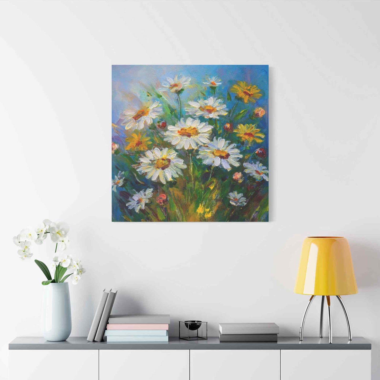 White Daisies Print Canvas, Floral Oil Paint Print 20x20, 24x24, 30x30, 32x32, 36x36 Art Design Pine-Wood Inner Frame MC-128