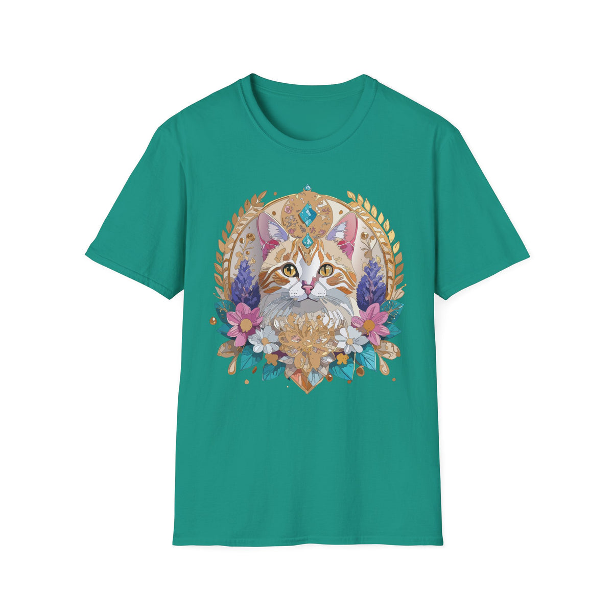 Regal Cat Mandala T-Shirt | Boho Kitty Illustration, Floral Crescent