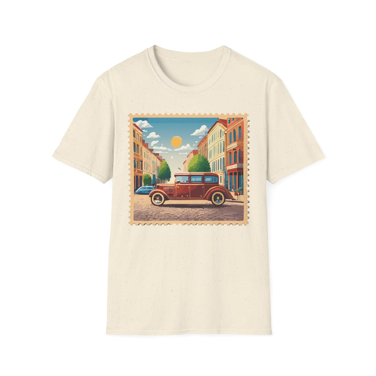 Vintage City Street Illustration T-Shirt | Retro Car, Sunny Urban Graphic Tee Unisex 100 Cotton Gildan T-Shirt