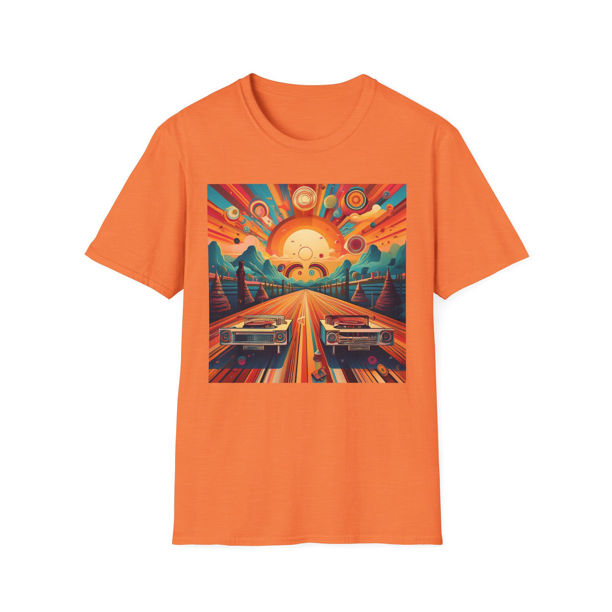 Retro Sunburst Road Trip Graphic Posters, Post Stamps Design Unisex 100 Cotton Gildan T-Shirt