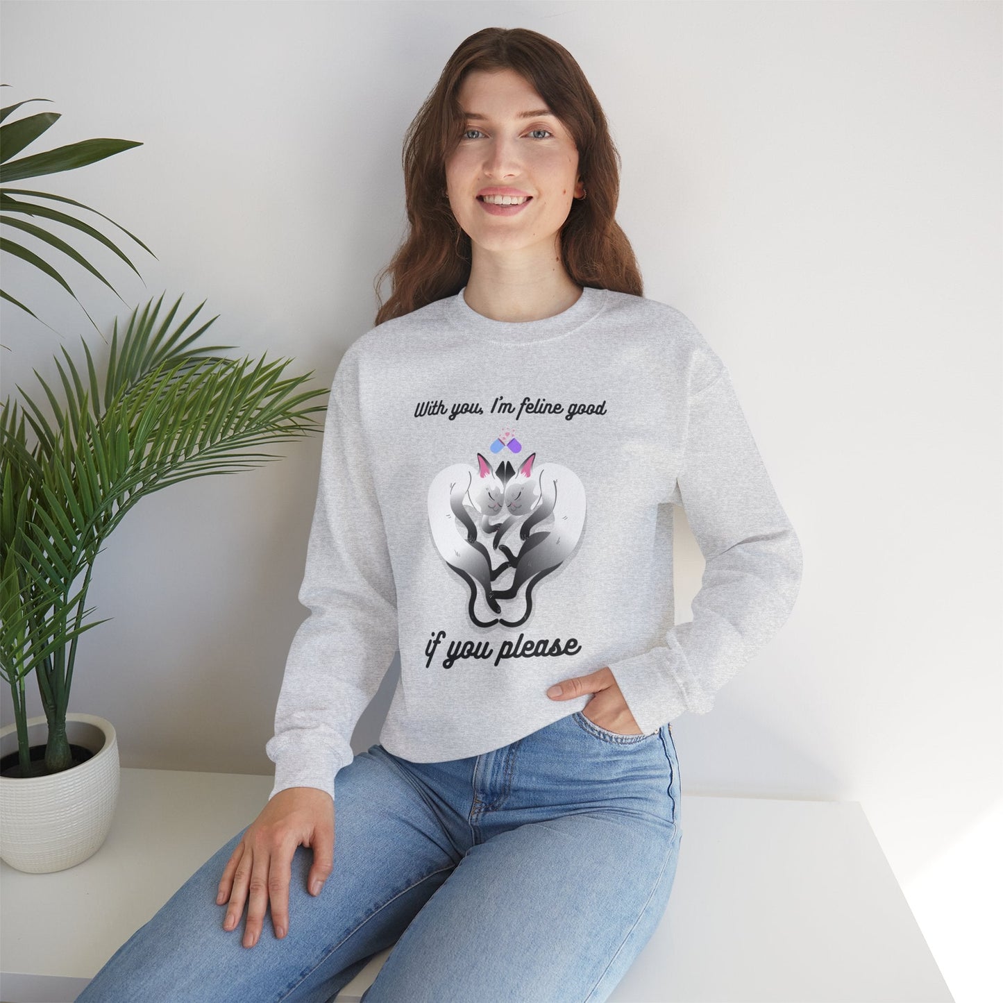 Double Cat Heart Sweatshirt Unisex Fifty Fifty Cotton Poly Valentines Day Sweatshirt