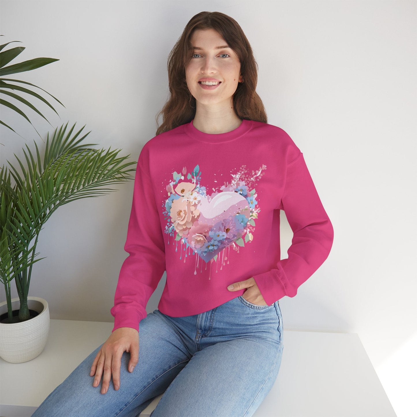 Floral Heart Sweatshirt Unisex Crewneck Valentines Day Floral Love Gildan 18000 Premium