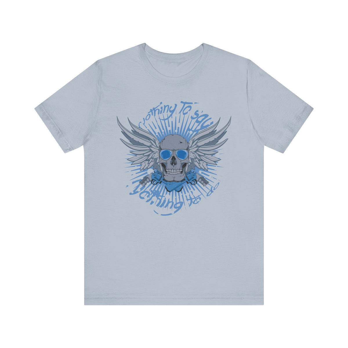 Winged Skull Graphic Tee Blue Skull with Wings Radiant Burst Unisex Cotton