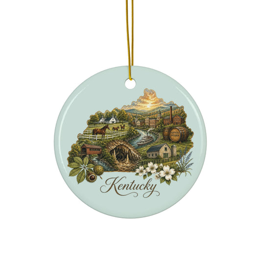Kentucky State Scenic Map Ceramic Ornament | Round Double-Sided Ornament - 2.99" Includes Gold String