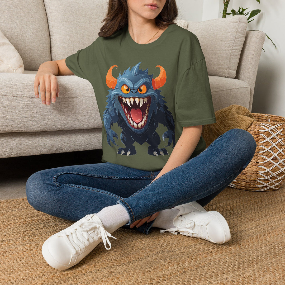 Monster Graphic T-Shirt — Fierce Blue Horned Creature Cartoon Graphic Tee Unisex 100 Cotton Gildan T-Shirt