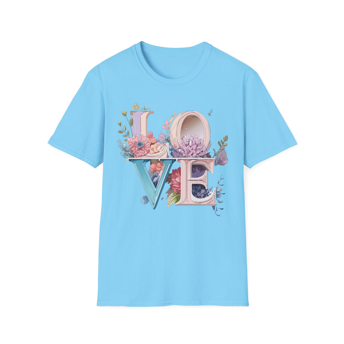 Floral LOVE Typography T-Shirt | Botanical Letter Art, Pastel Bloom Design