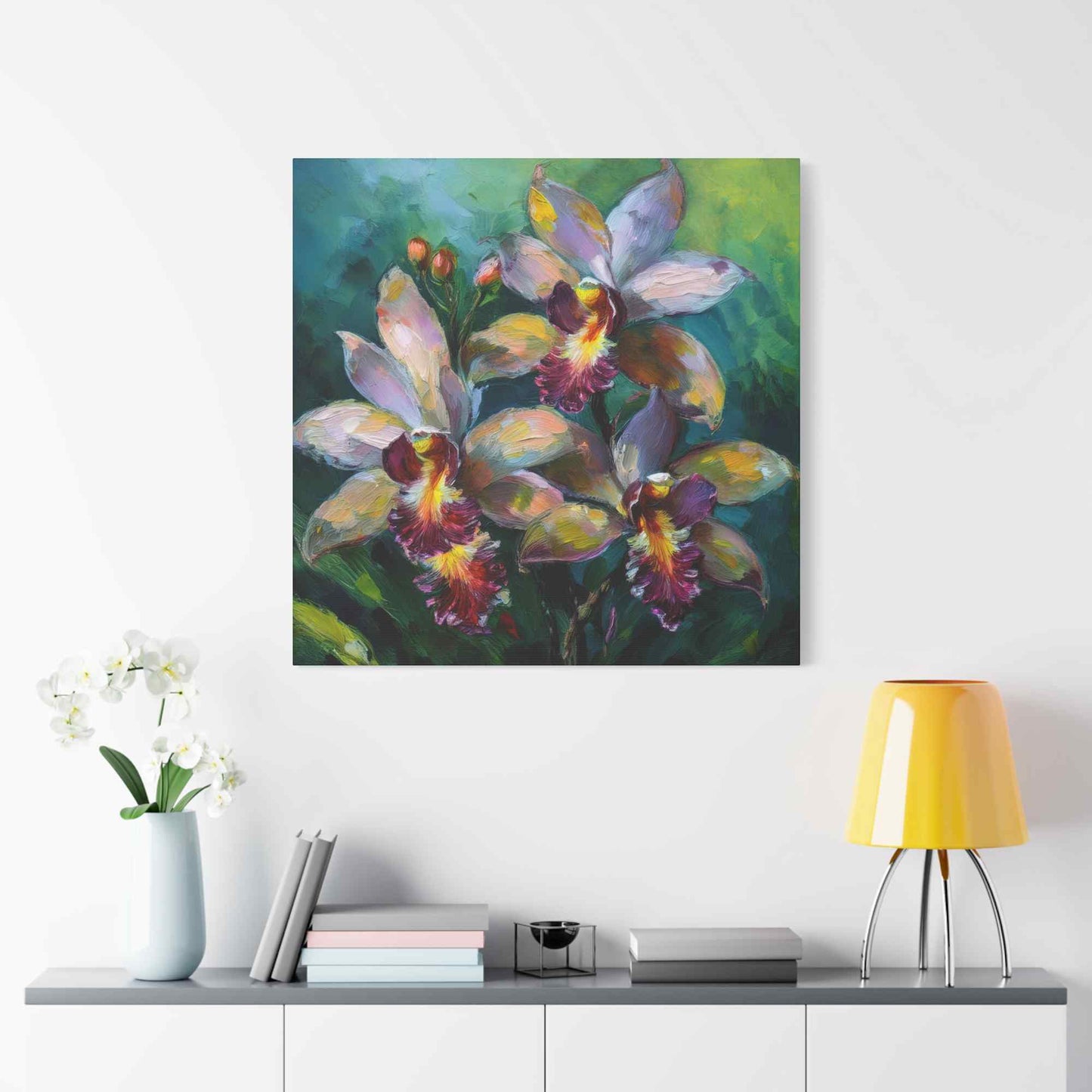 Blue Orchids Print Canvas, Floral Oil Paint Print 20x20, 24x24, 30x30, 32x32, 36x36 Art Design Pine-Wood Inner Frame MC-134