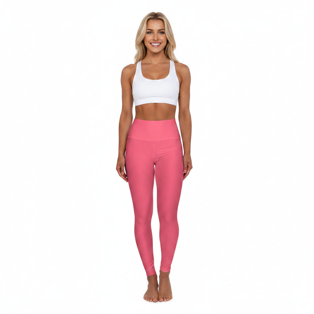 Mid Coral Color High-Waist Yoga Leggings Women's Seamless Poly-Span Stretchy Pants XS-2XL