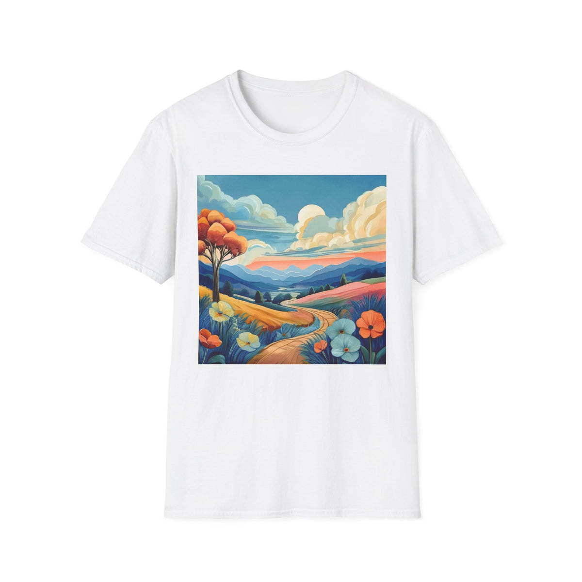 Colorful Mountain Landscape Graphic Posters, Post Stamps Design Unisex 100 Cotton Gildan T-Shirt