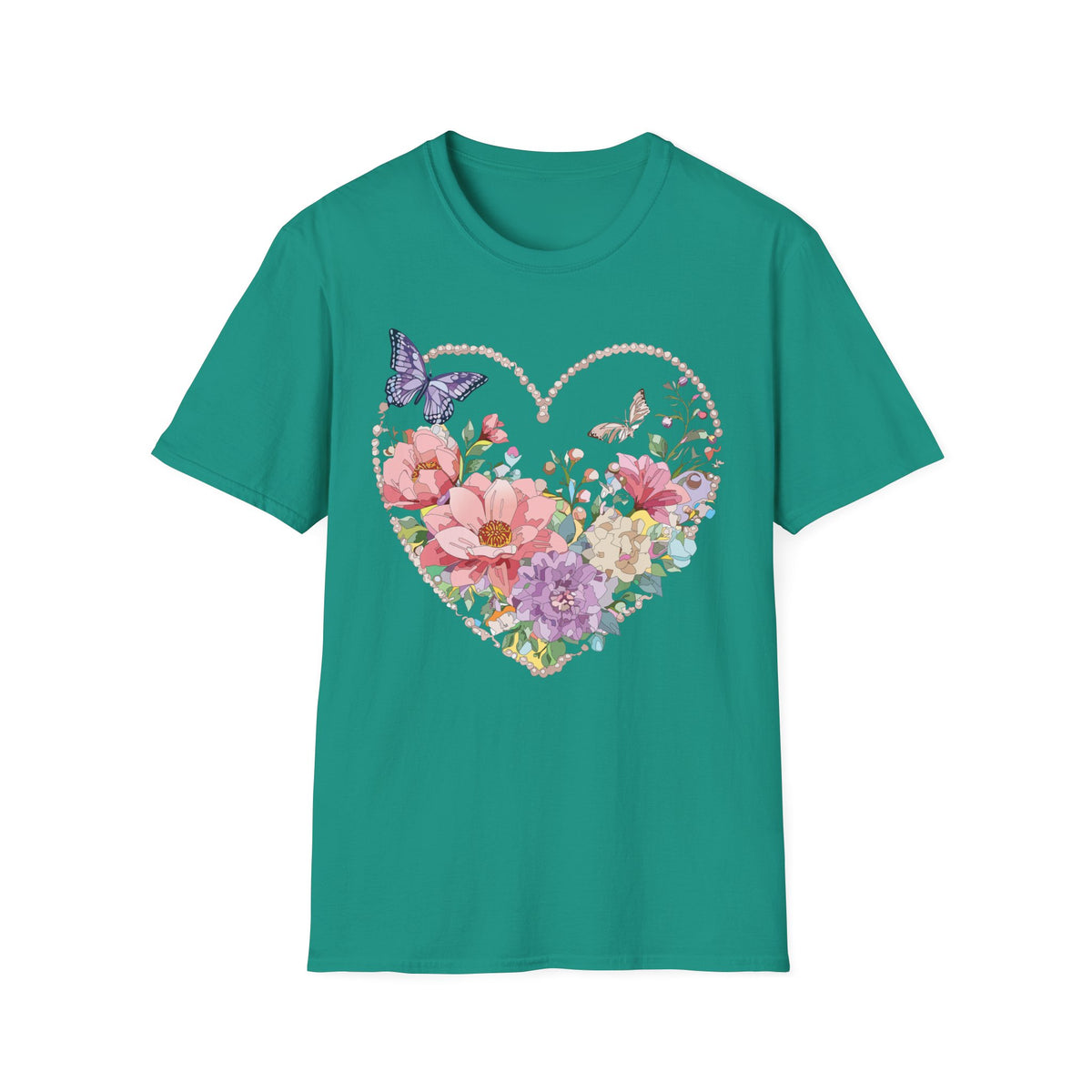 Floral Heart with Butterflies T-Shirt | Romantic Spring Garden Graphic Tee Unisex 100 Cotton Gildan T-Shirt