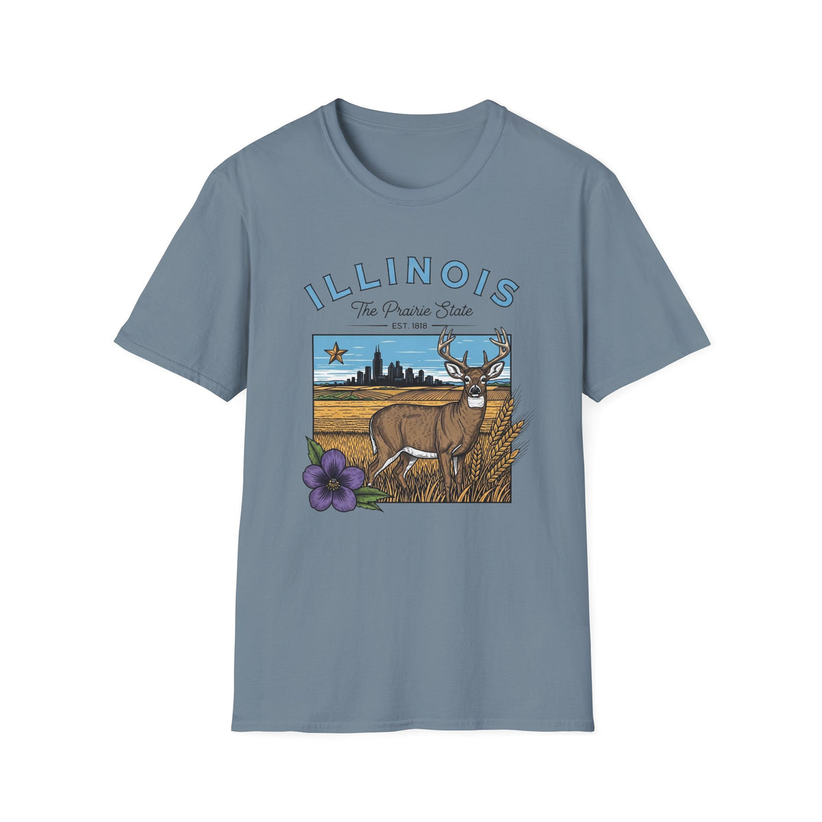 Illinois Deer State T-Shirt — The Prairie State Travel Tourist Graphic Design Unisex 100 Cotton Gildan T-Shirt