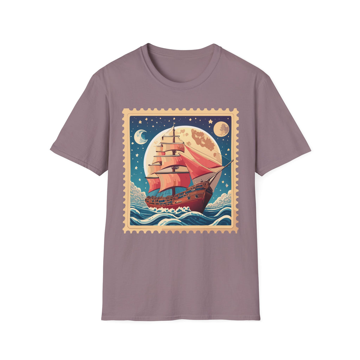 Vintage Sailing Ship Stamp T-Shirt | Moonlit Ocean Illustration