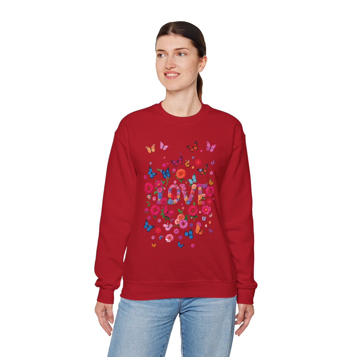 Unisex Floral Love Sweatshirt, Love Floral Sweatshirt, Floral Butterfly Sweatshirt, 50/50 Cotton-Poly Valentine's Day Sweatshirt 07
