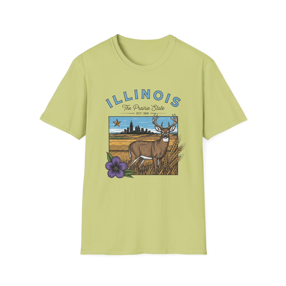 Illinois Deer State T-Shirt — The Prairie State Travel Tourist Graphic Design Unisex 100 Cotton Gildan T-Shirt