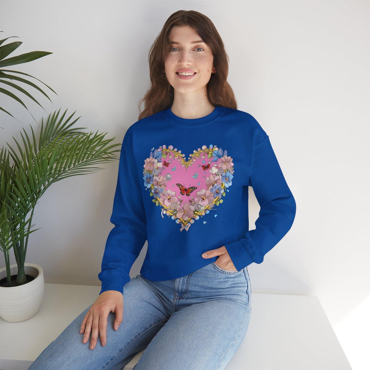 Floral Heart Sweatshirt Unisex Crewneck Gildan 18000 Fifty Fifty Cotton Polyester Valentine's Day