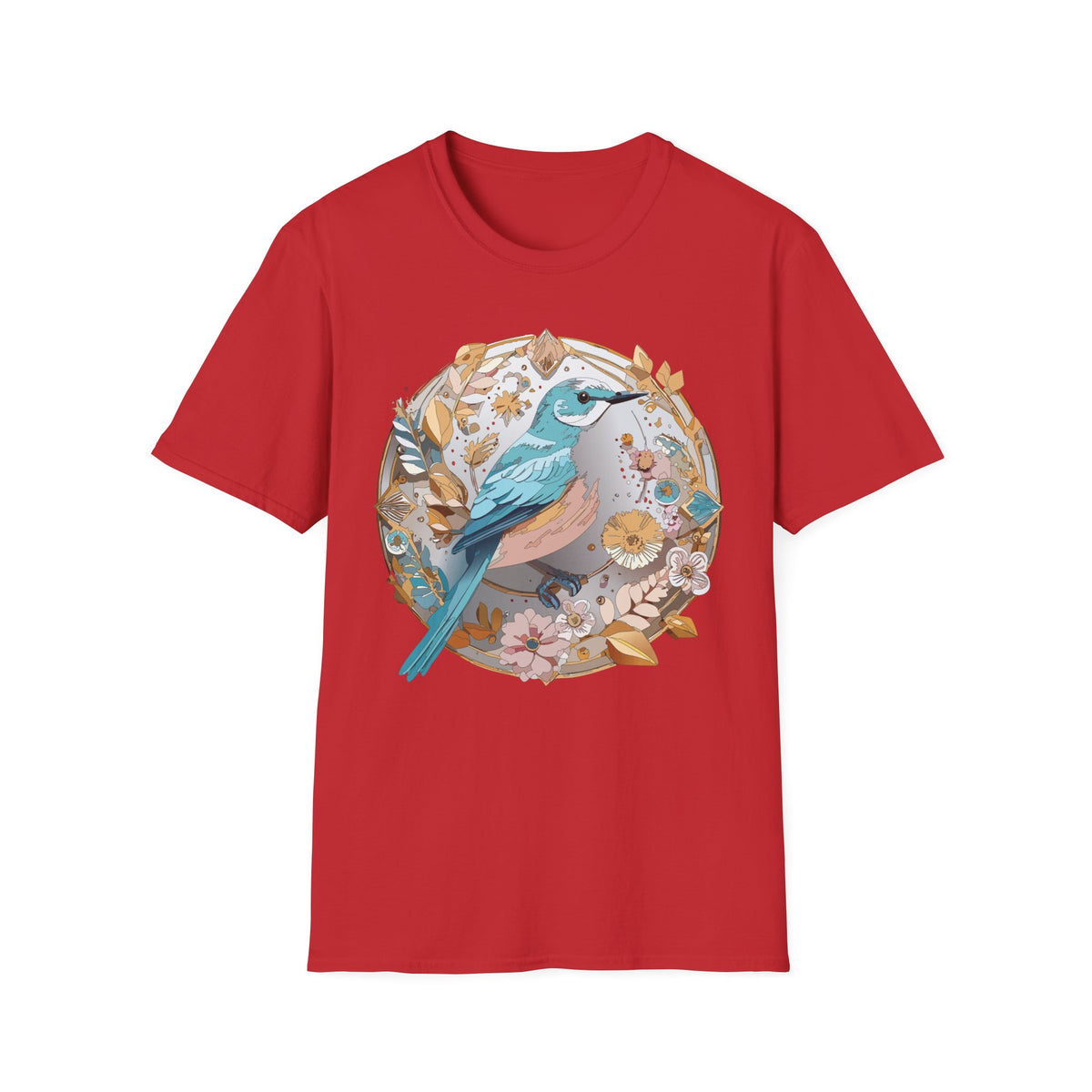 Blue Bird Floral Wreath T-Shirt | Botanical Bird Illustration