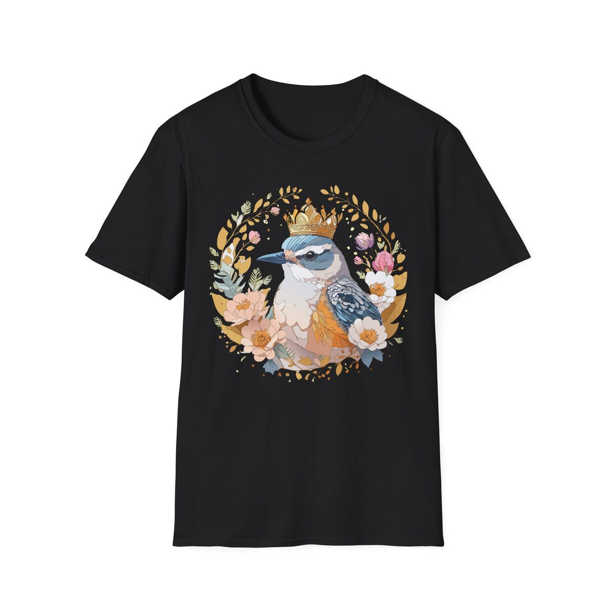 Crowned Bluebird Floral Illustration T-Shirt | Whimsical Bird Art